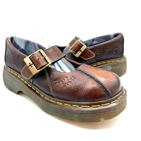 Dr. Martens Shoes - RARE Vtg Dr. Martens Women's 9Brown Leather Daisy Flower ShoesChunky Mary Jane